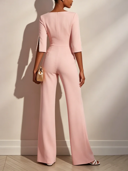 Women Round Neck Pearl Sleeve Wide Leg Jumpsuit Elegant Office Lady Fashion Spring Autumn