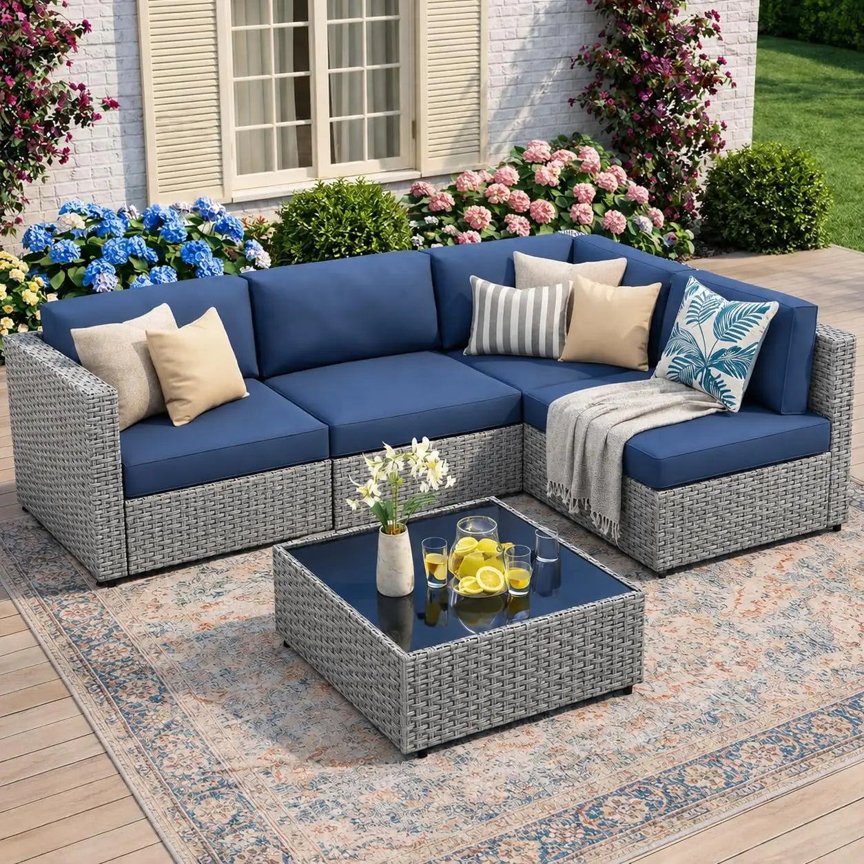 5-Piece Patio Furniture Set, Outdoor Wicker Sectional Sofa with 4-Inch Thick Cushions & Coffee Table, All-Weather PE, Custom