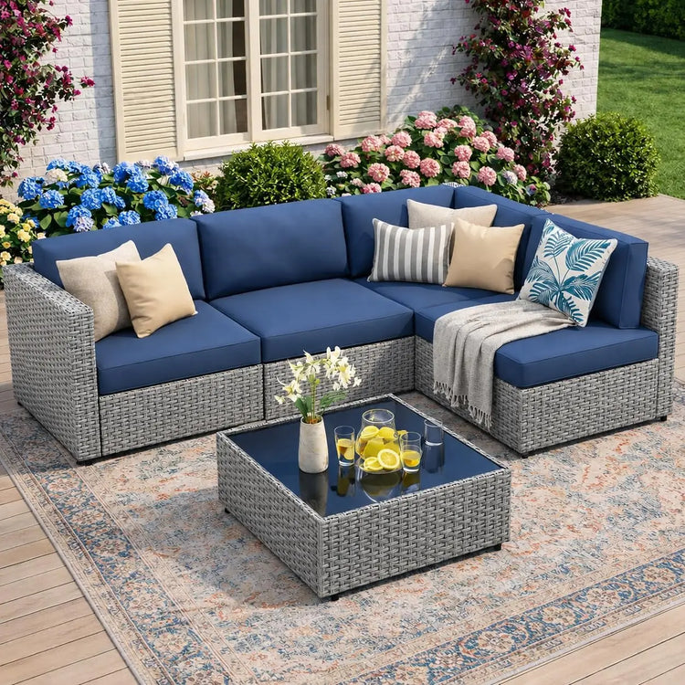 5-Piece Patio Furniture Set, Outdoor Wicker Sectional Sofa with 4-Inch Thick Cushions & Coffee Table, All-Weather PE, Custom