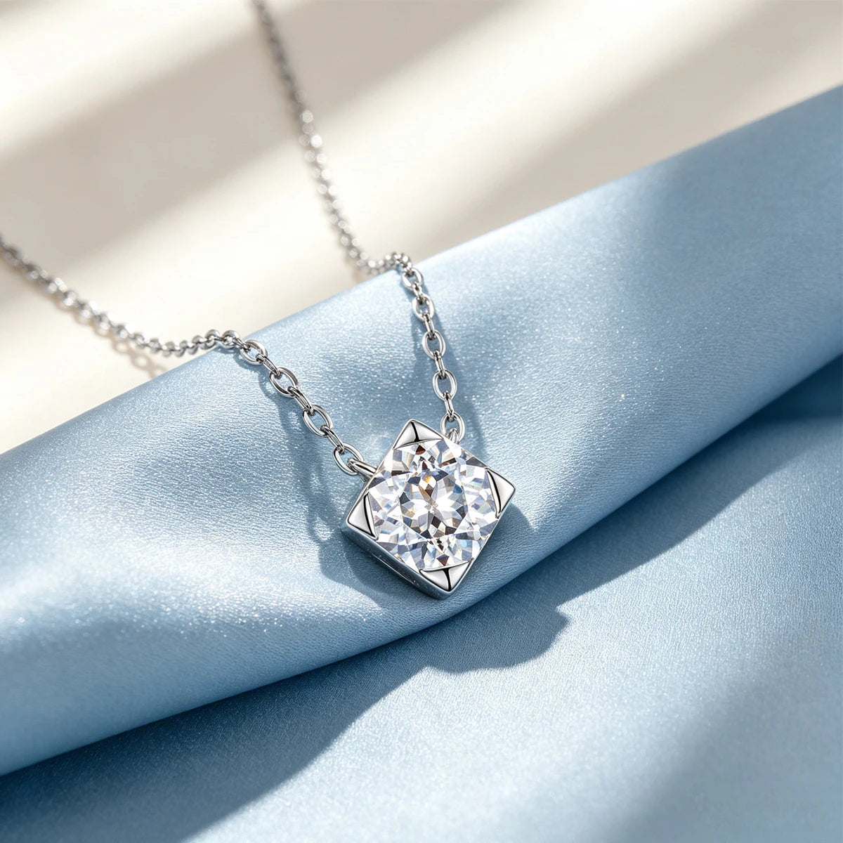 925 Sterling Silver Moissanite Pendant Necklace Spark Fine Jewelry For Women Birthday Present Daily Wear Banquet Simple Elegant Neck Ornament Luxury Cushion‑Cut Four‑Prong Setting Bright Thin Silver Chain Sparkling Gem Fe