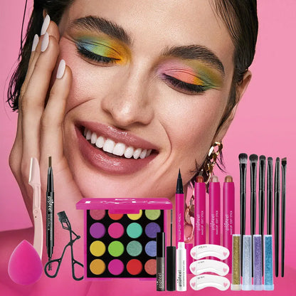 Essential Eye Makeup Set for Beginners Matte&Shimmer Eyeshadow Palette, Mascara, Eyebrow Pencil, Lip Eyeliner,Brush Tool Set Box