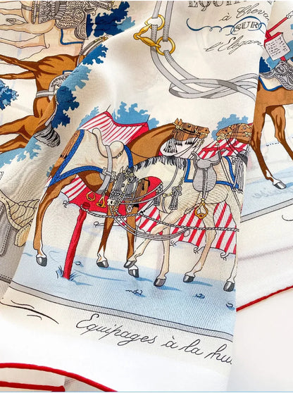 100% Mulberry Silk Square Scarf Vintage Equestrian Horse Saddle Print Bandana Unisex Neck Head Wrap Office Travel Holiday Gift