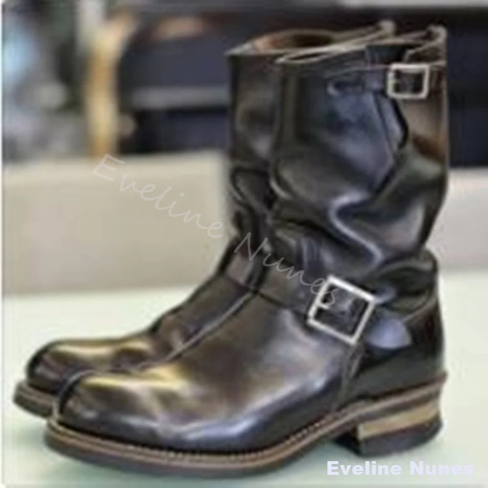 Black Vintage Leather Engineer Boots Men Round Toe Double Metal Buckle Slouchy Mid Calf Boots Low Block Heel Motorcycle Boots