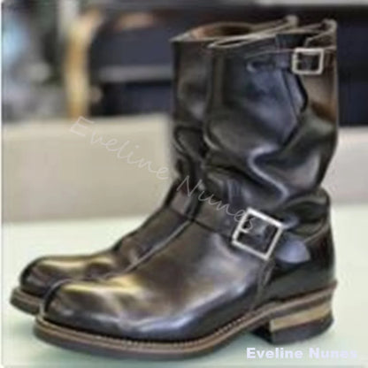 Black Vintage Leather Engineer Boots Men Round Toe Double Metal Buckle Slouchy Mid Calf Boots Low Block Heel Motorcycle Boots