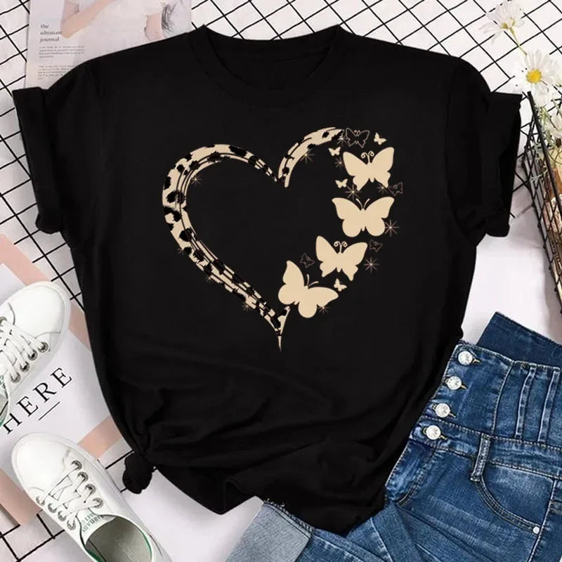 New Fashion Women T-shirt Colorful Butterfly Petal Print Short Sleeve and Round Neck Cute Graphic Tee Shirts Female Tops Clothin