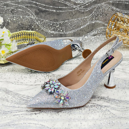 Venus Chan Olive-Green Pointed-Toe Women's High Heels Shoes and Bags for Party Rhinestone Evening Elegant Luxury Handbag