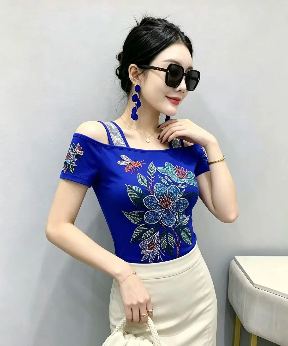 High Quality Elasticity Clothes Fashion T-Shirts Women's Sexy Off Shoulder Shiny Diamonds Mesh Tops Summer Tees Shirt