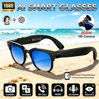 AI Smart Glasses 800W Anti Shake HD Camera Video Recording Languages Translation Sunglasses Bluetooth Call Music Play Man Women