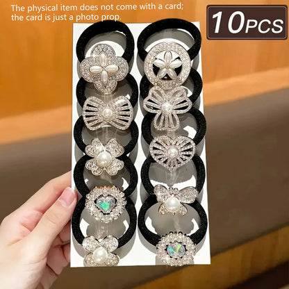 10pcs Rhinestone Faux Embellished hair band, Cute Elastic Jersey Material, Includes Minimalist & Elegant Styles Women's Hair Tie