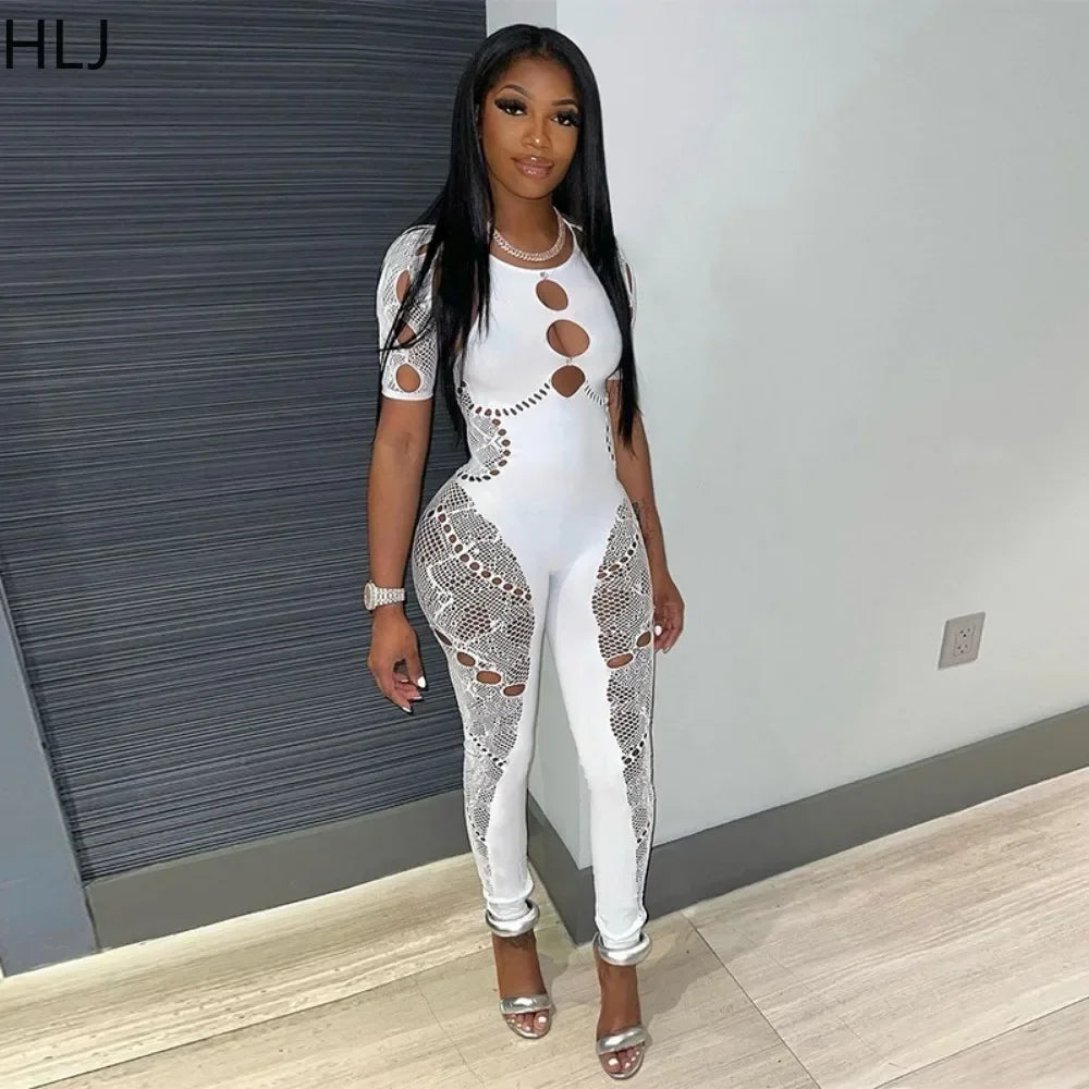 HLJ&GG Sexy Lace Hollow Bodycon Party Nightclub Jumpsuits Women Short Sleeve Skinny Pants Playsuits Female Hole Overalls 2025