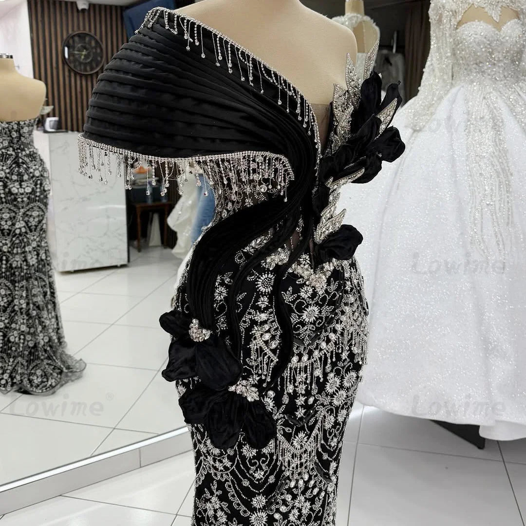 2026 Newest Customized Black Floral Sequined Party Dresses One Shoulder Tassels Crystal Mermaid Prom Dress Arabic Evening Gowns