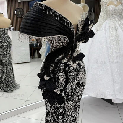 2026 Newest Customized Black Floral Sequined Party Dresses One Shoulder Tassels Crystal Mermaid Prom Dress Arabic Evening Gowns