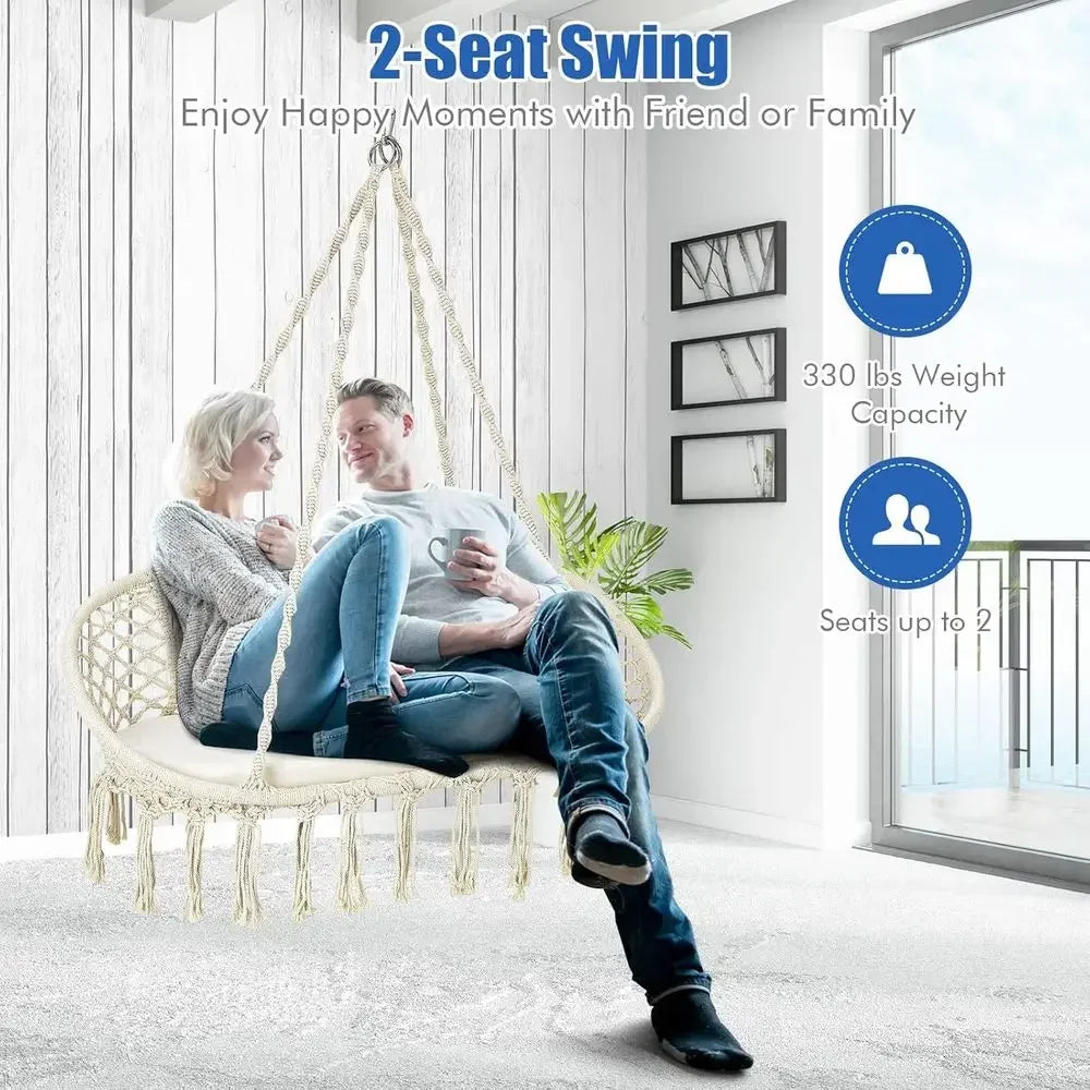 2-Seat Hammock Chair with Cushion, Cotton Ropes, and Metal Stand,440 lbs, Ideal for Indoor or Outdoor Swinging