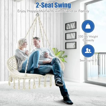 2-Seat Hammock Chair with Cushion, Cotton Ropes, and Metal Stand,440 lbs, Ideal for Indoor or Outdoor Swinging