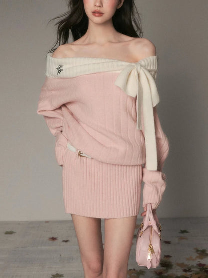 Vintage Off Shoulder Knit Dress Women Autumn Winter Sweet Style Long Sleeve Bow Design Dress Thick Warm Elegant Fashion Outfit
