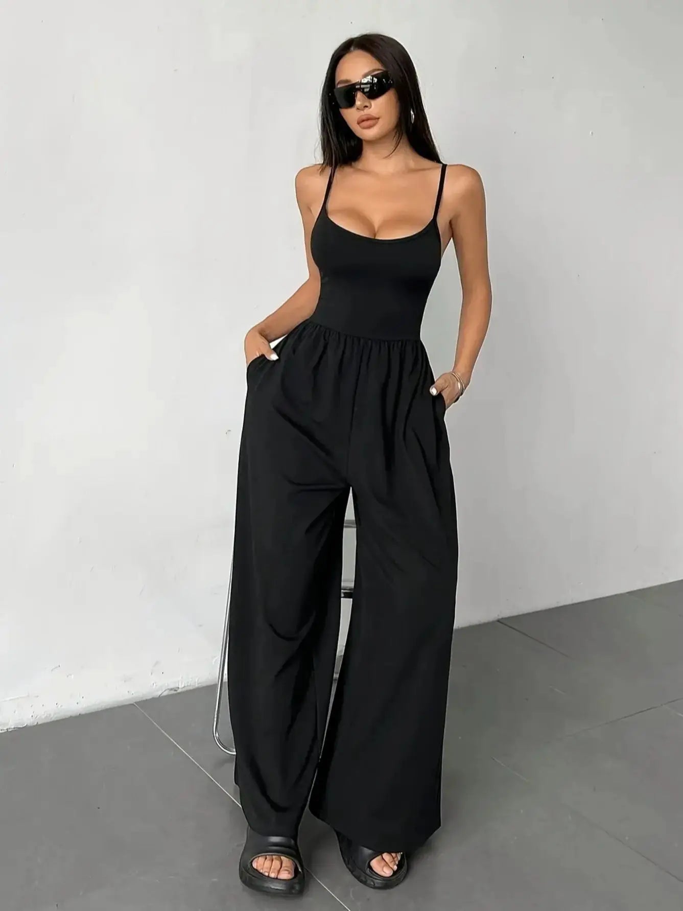 Black High Waist Spaghetti Strap Wide Leg Jumpsuit