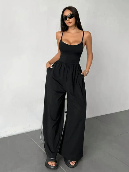 Black High Waist Spaghetti Strap Wide Leg Jumpsuit