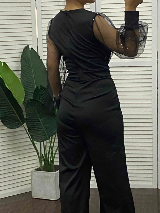 Elegant Women's Jumpsuit 2022 Autumn Fashion Contrast Mesh Long Sleeve Plain V-Neck Party Long Jumpsuit