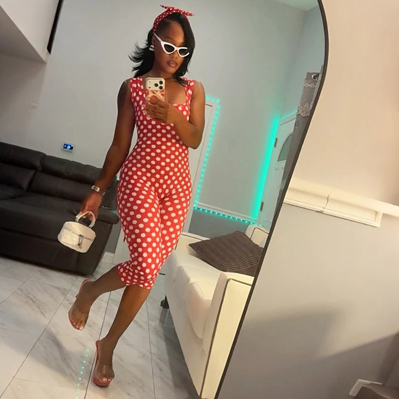 Sexy spicy girl print retro polka dot sleeveless square neck big backless seven part slim fit jumpsuit