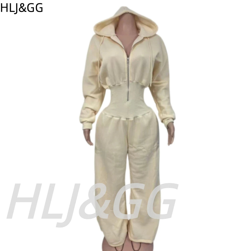 HLJ&GG Autumn Light Fleece Hooded Wine Leg Pants One Piece Jumpsuits Women Zipper Long Sleeve High Waist Sweat Sport Sportswears