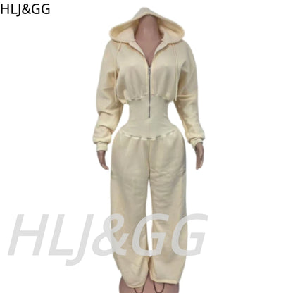 HLJ&GG Autumn Light Fleece Hooded Wine Leg Pants One Piece Jumpsuits Women Zipper Long Sleeve High Waist Sweat Sport Sportswears