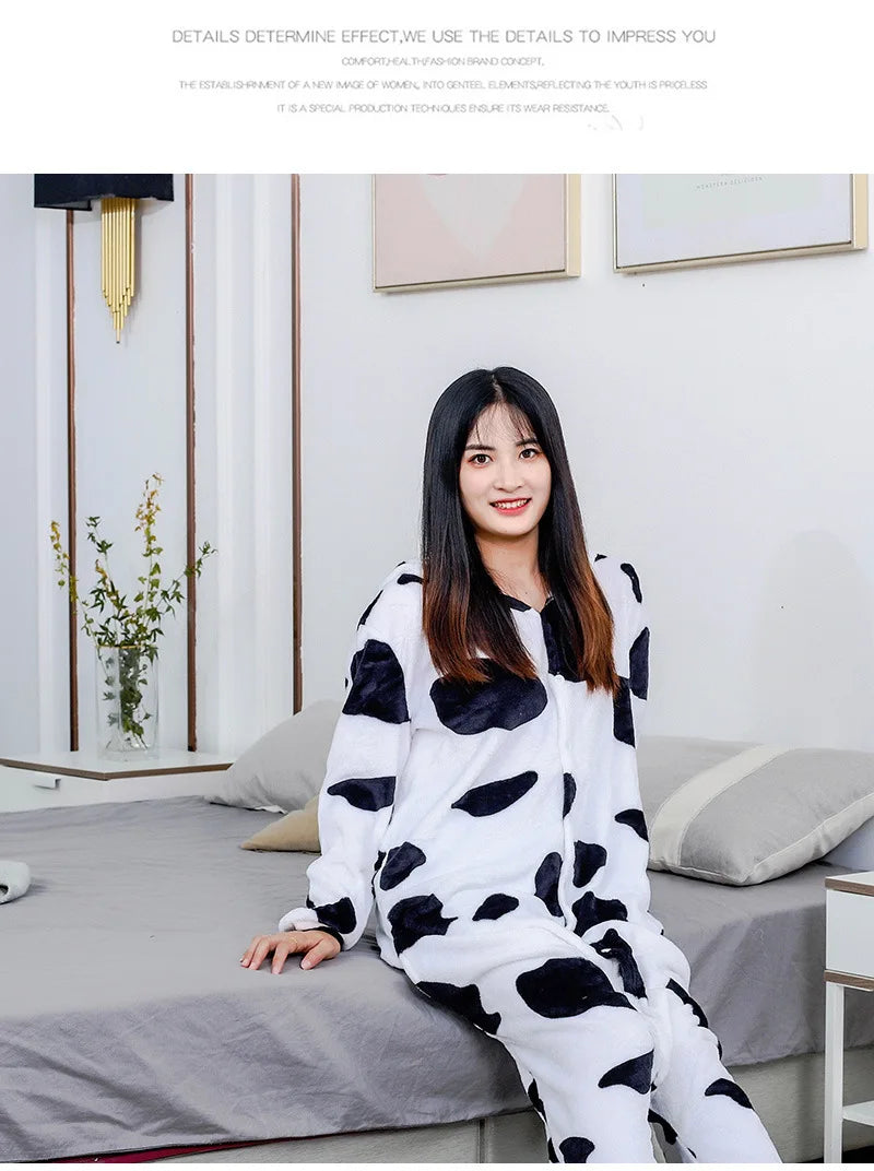Adults Cow Cartoon Pajamas Animal Onesies Cosplay Costumes Jumpsuit Hooded Sleepwear Halloween One Piece for Performing