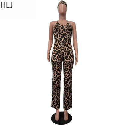 HLJ Sexy Leopard Print Bodycon Jumpsuits Women Thin Strap Sleeveless V Neck Wide Leg Pants Playsuit Female Overall With Scarf