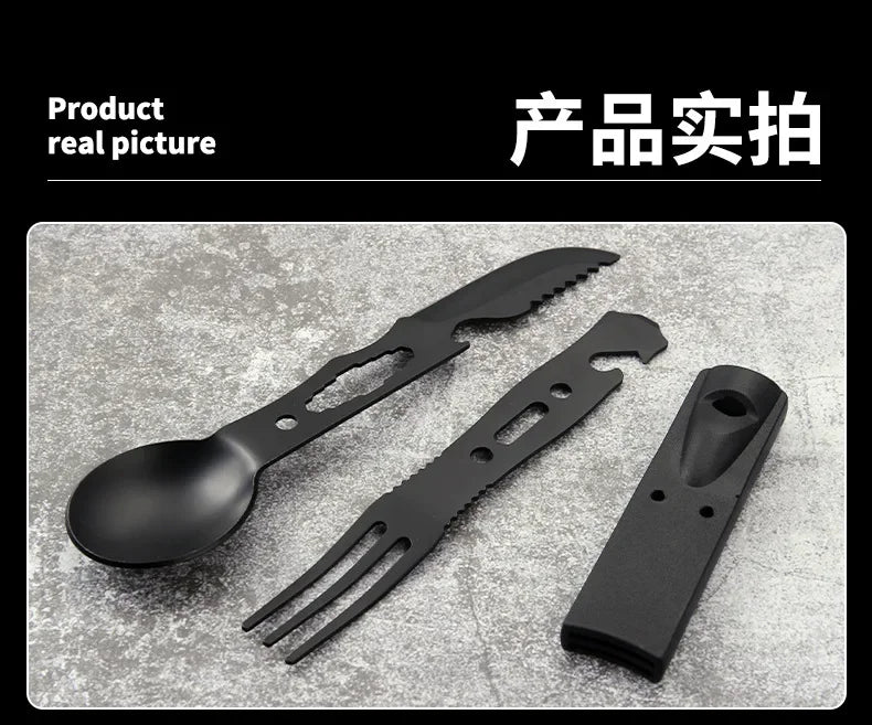 Portable Multifunctional Stainless Steel Camping Tool Set,Outdoor Tableware Kit With Spoon Fork AndWhistleForHiking PicnicTravel