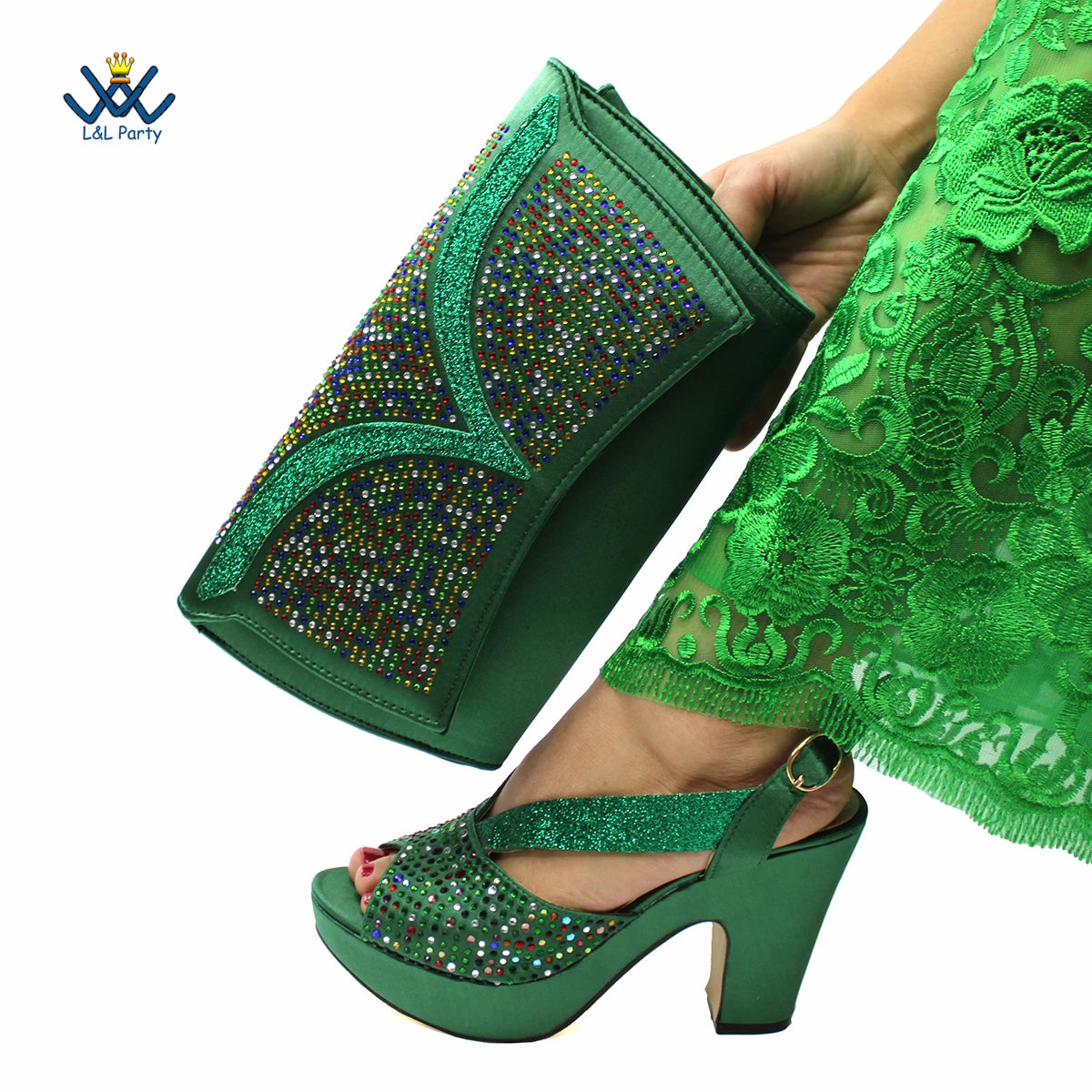 Buckle Strap Sandals Nigerian Women Shoes and Bag Set in Green Color with Wedges Heels For Ladies Party