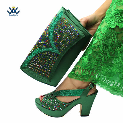 Buckle Strap Sandals Nigerian Women Shoes and Bag Set in Green Color with Wedges Heels For Ladies Party