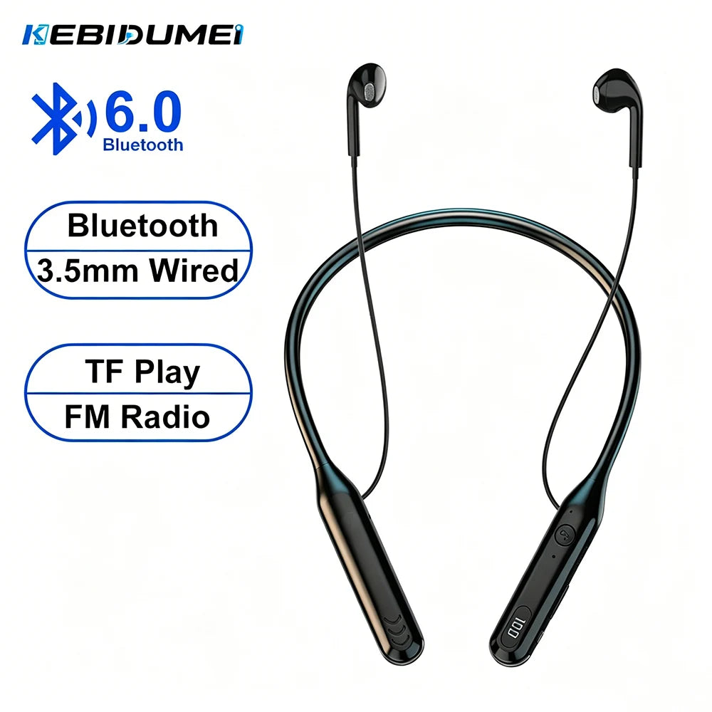 KEBIDUMEI Bluetooth 6.0 Neckband Headphones Support Wired /BT/TF/FM Radio 4 in 1 Gaming Headsets Wireless Earphones Earbuds