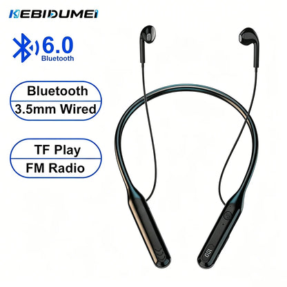KEBIDUMEI Bluetooth 6.0 Neckband Headphones Support Wired /BT/TF/FM Radio 4 in 1 Gaming Headsets Wireless Earphones Earbuds