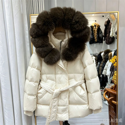 Women Winter Long Down Jacket Genuine Fox Fur Large Collar Hooded Slim Fit Waist Belt Warm Fashion Versatile Casual Winter Coat
