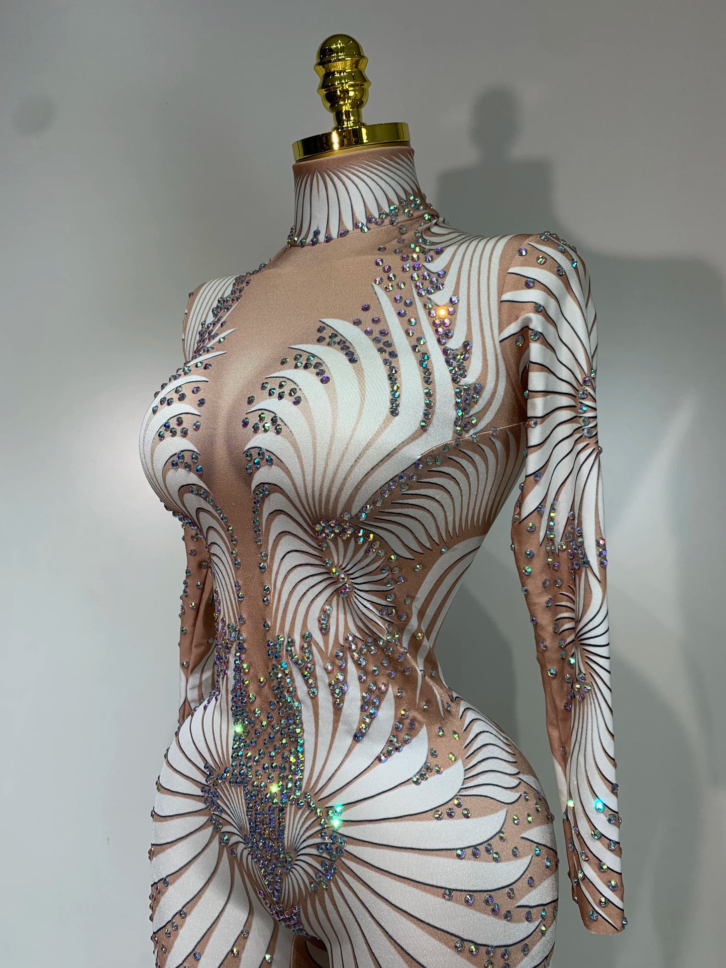 Sexy Long Sleeves Print Rhinestone Jumpsuits Drag Queen Show Stage Performance Costume Women Evening Party Nightclub Rompers