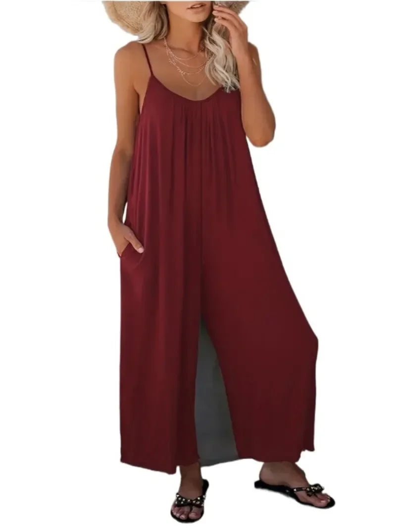 Plus Size Women's 1XL-5XL Fashionable Solid Color Jumpsuit Ladies Casual Suspender V-neck Casual Loose Elegant Jumpsuit