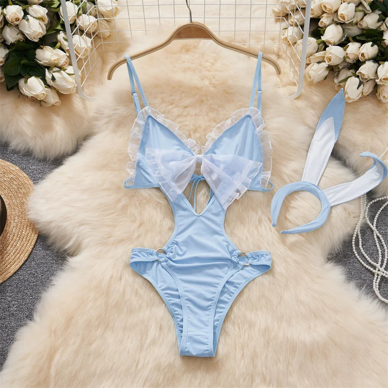 Women Lace Patchwork Velour Strappy Catsuits Fashion One Piece Combination Rompers Erotic Fashion Sexy Bunny Bodysuits Cosplay