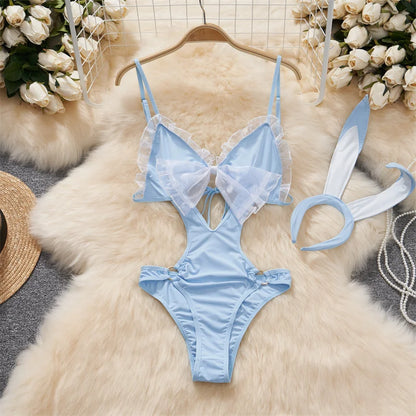 Women Lace Patchwork Velour Strappy Catsuits Fashion One Piece Combination Rompers Erotic Fashion Sexy Bunny Bodysuits Cosplay