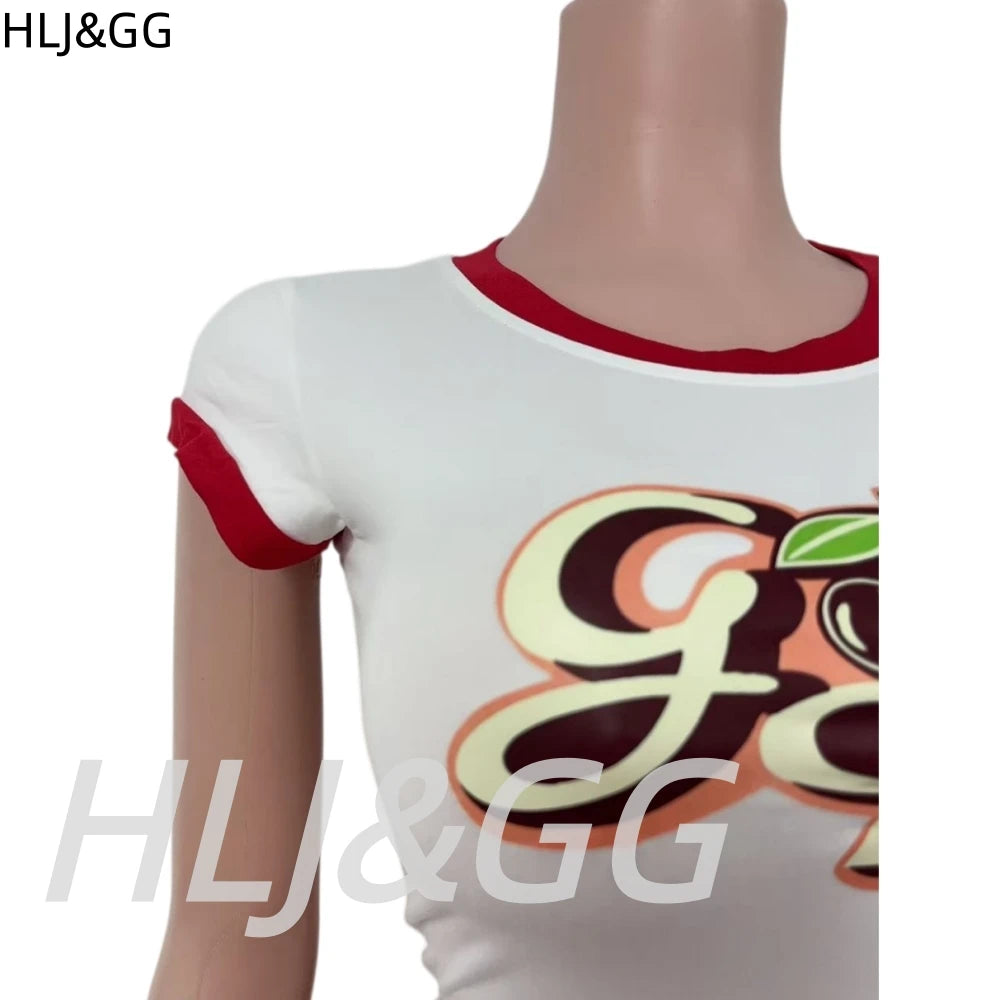 HLJ&GG Fashion Y2K Letter Print Tshirts Two Piece Sets Women O Neck Short Sleeve Crop Top And Polka Dot Shorts Outfit Streetwear