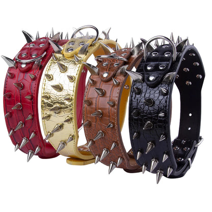 Width 2 Inch Anti-bite Spiked Dog Collars Adjustable PU Leather Necklace Heavy Duty Sharp Rivets Pet Collar Outdoor Dog Walking