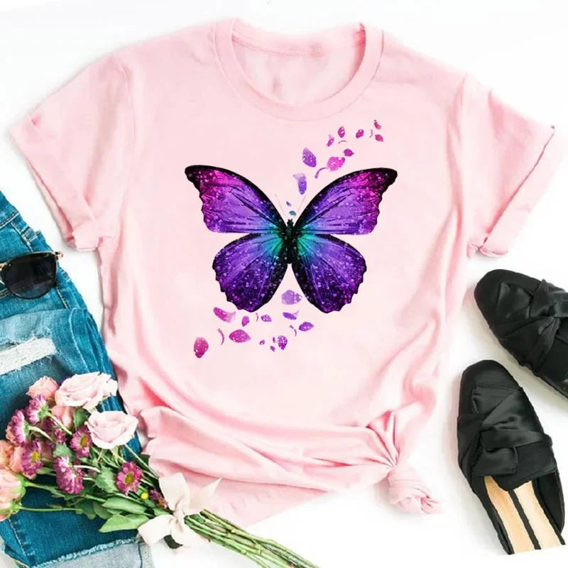 New Fashion Women T-shirt Colorful Butterfly Petal Print Short Sleeve and Round Neck Cute Graphic Tee Shirts Female Tops Clothin