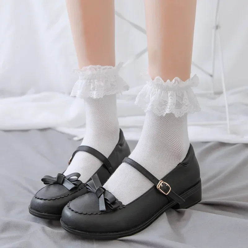 Women's Japanese Lolita JK Ankle Socks Kawaii Cotton with Lace Trim - Cute White/Black Crew Socks for Girls Cosplay Casual Wear