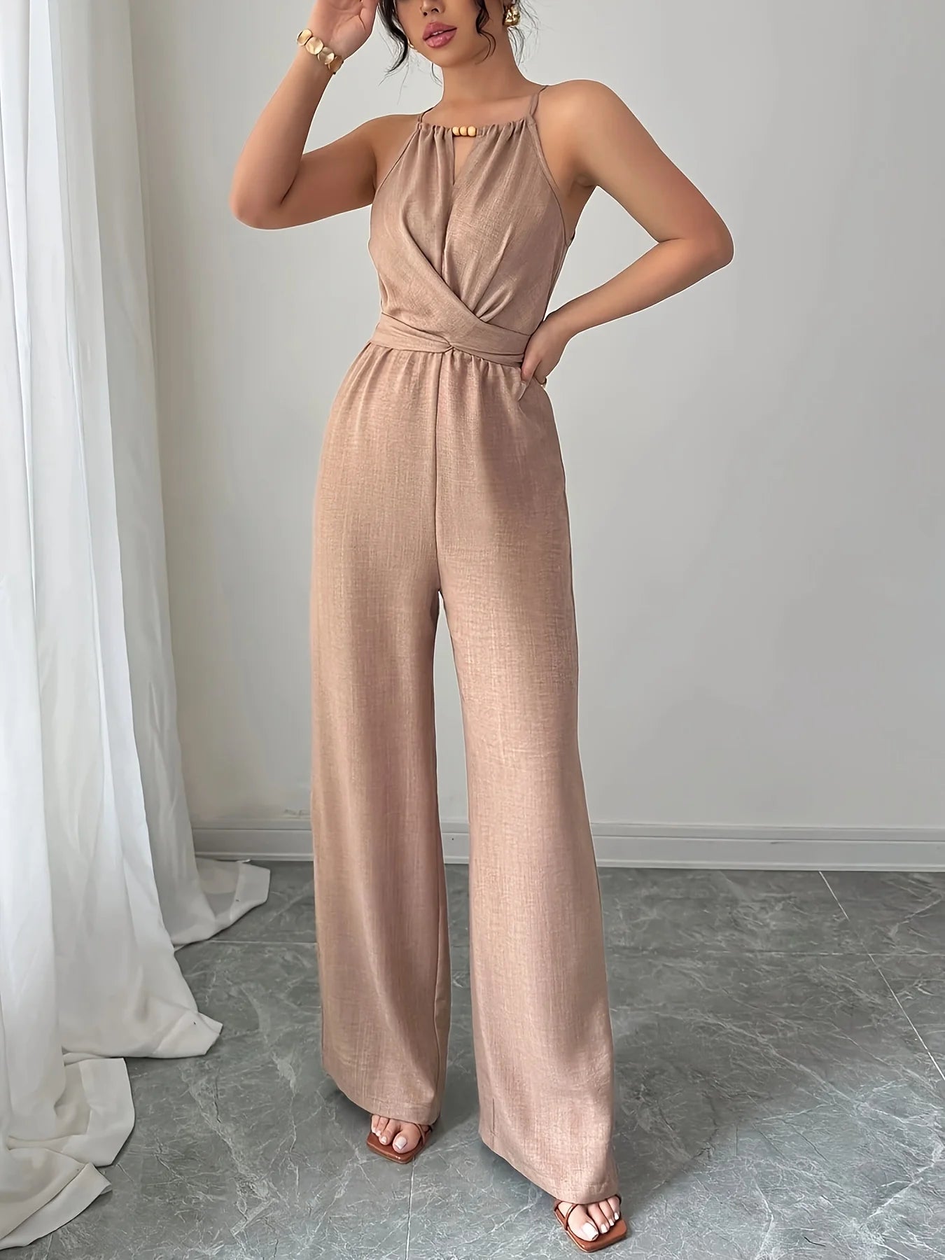 Women's Spring/Summer Casual Pleated Fabric Halterneck Beaded Waist Button and Tie Design Maxi Jumpsuit