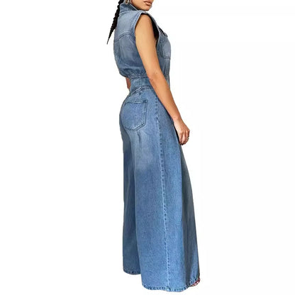 Washed Denim Jumpsuits Women Fashion Lapel Button High Waist Sleeveless Jumpsuit Streetwear Spring Summer New Female Clothing