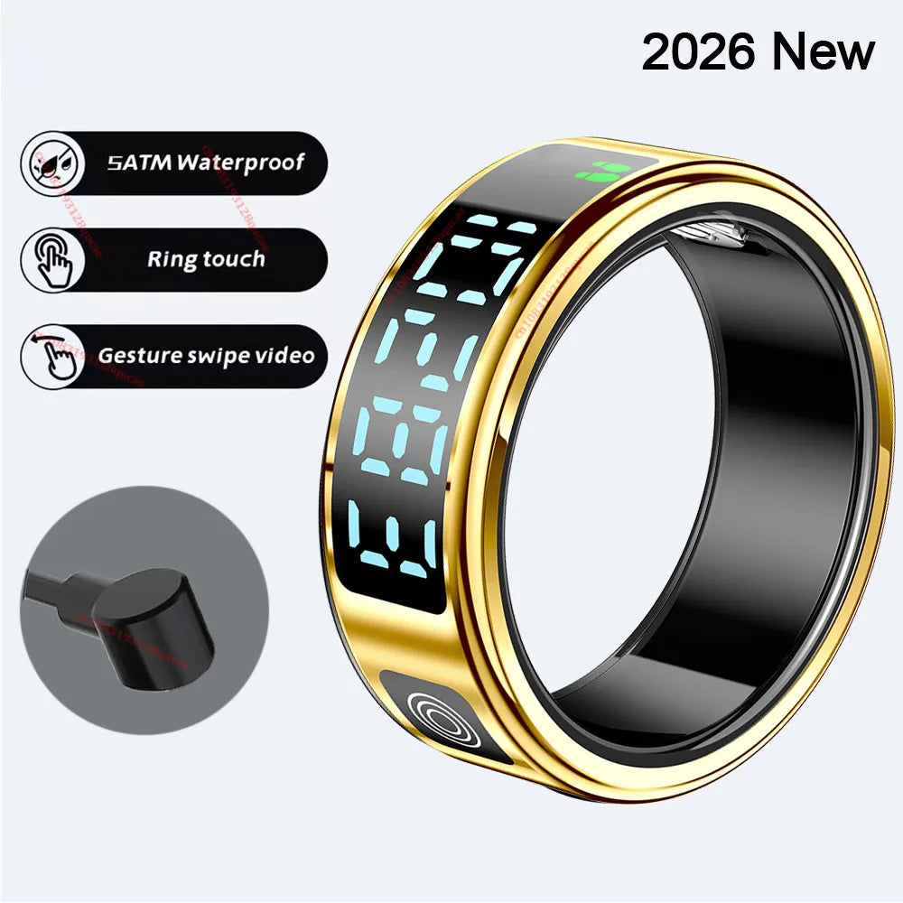 2026 R12 Smart Ring with Display Screen and Touch, Wireless Charging, Health Manager 5ATM Waterproof For Men Women Smartring New