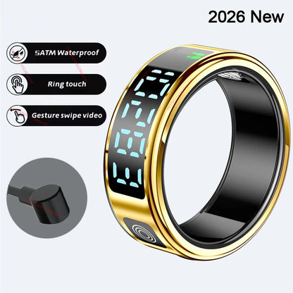 2026 R12 Smart Ring with Display Screen and Touch, Wireless Charging, Health Manager 5ATM Waterproof For Men Women Smartring New