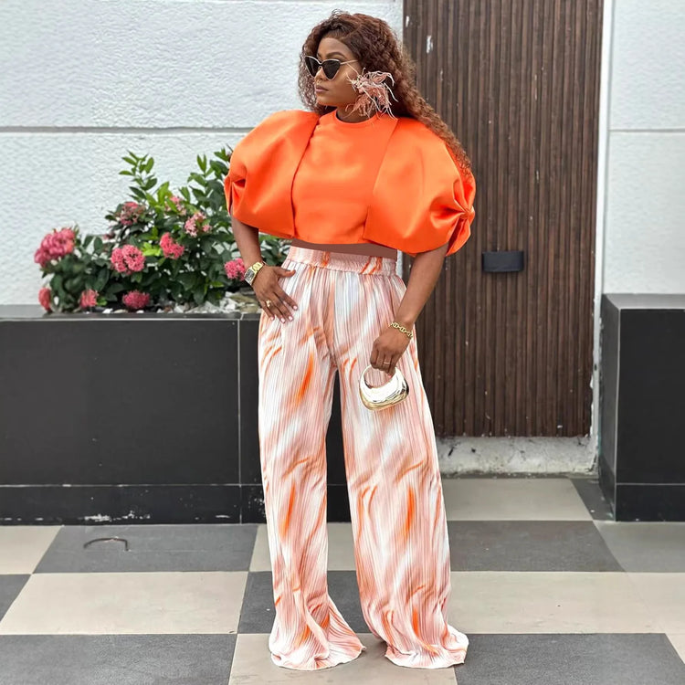 Plus-size Fashion Women's Outfit: Orange Puff-sleeve Short Top + Gradient Striped High-waisted Wide-leg Drapey Long Pants Set