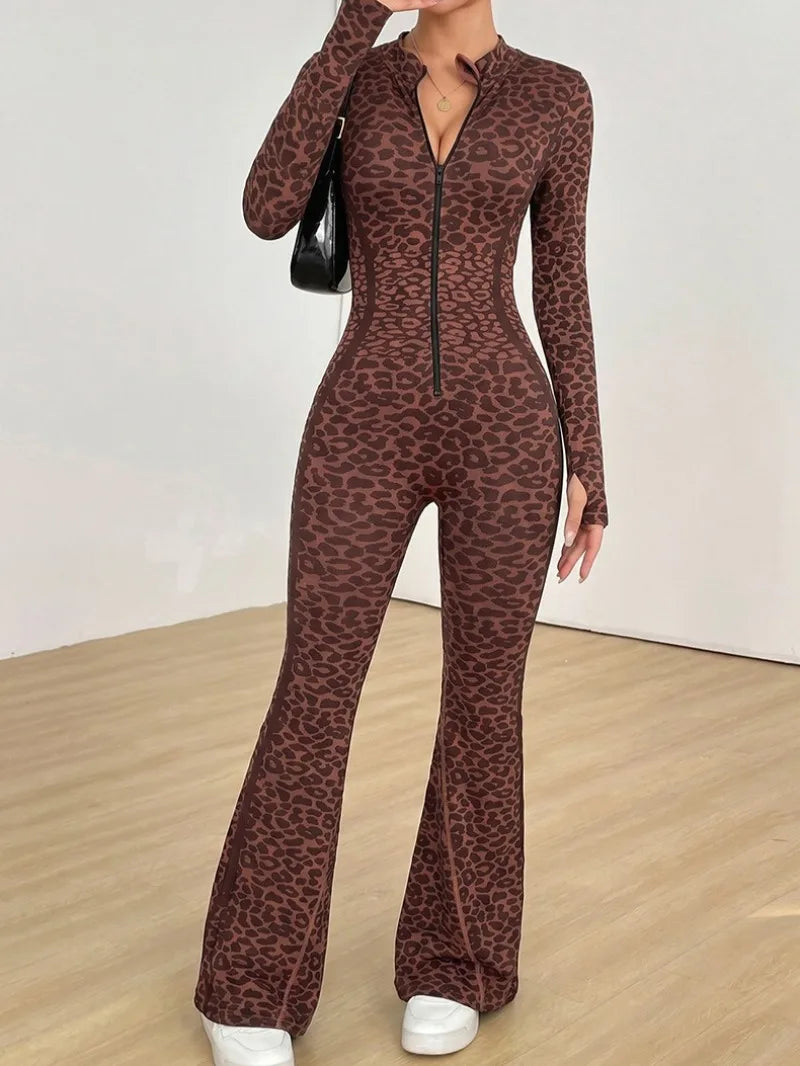 Women Leopard Print Fitness Jumpsuits Long Sleeve Zip-up Gym Sporty Overalls Female One Piece Flare Pants Running Yoga Tracksuit