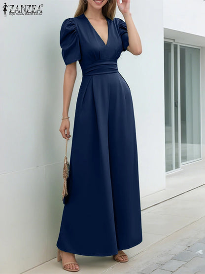 ZANZEA Elegant Office Jumpsuits Women Overalls 2025 Fashion Casual Loose Short Sleeve Playsuits Solid Color Wide Leg Jumpsuits