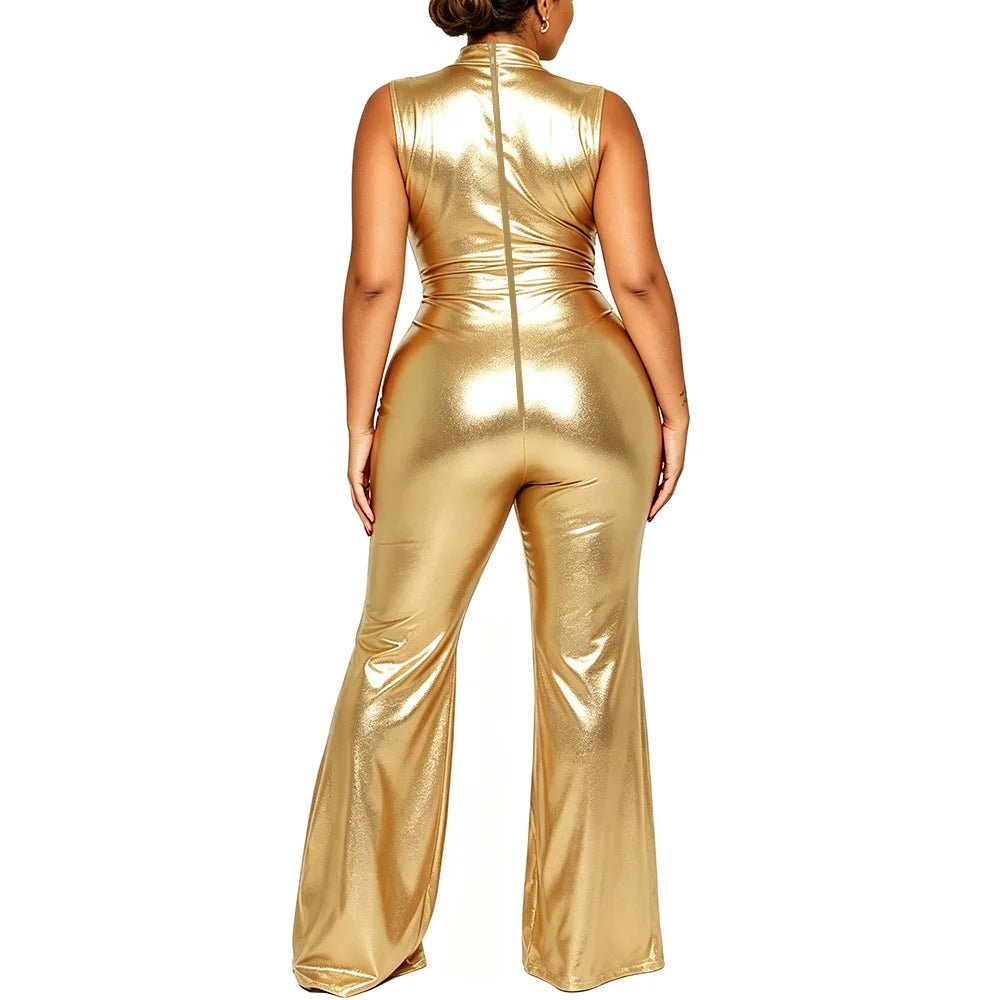 Plus Size Nightclub Wear Jumpsuit Shiny Metallic Sleeveless Women Elegant Jumpsuit Sexy Mock Neck Rompers Wide Leg Long Pants