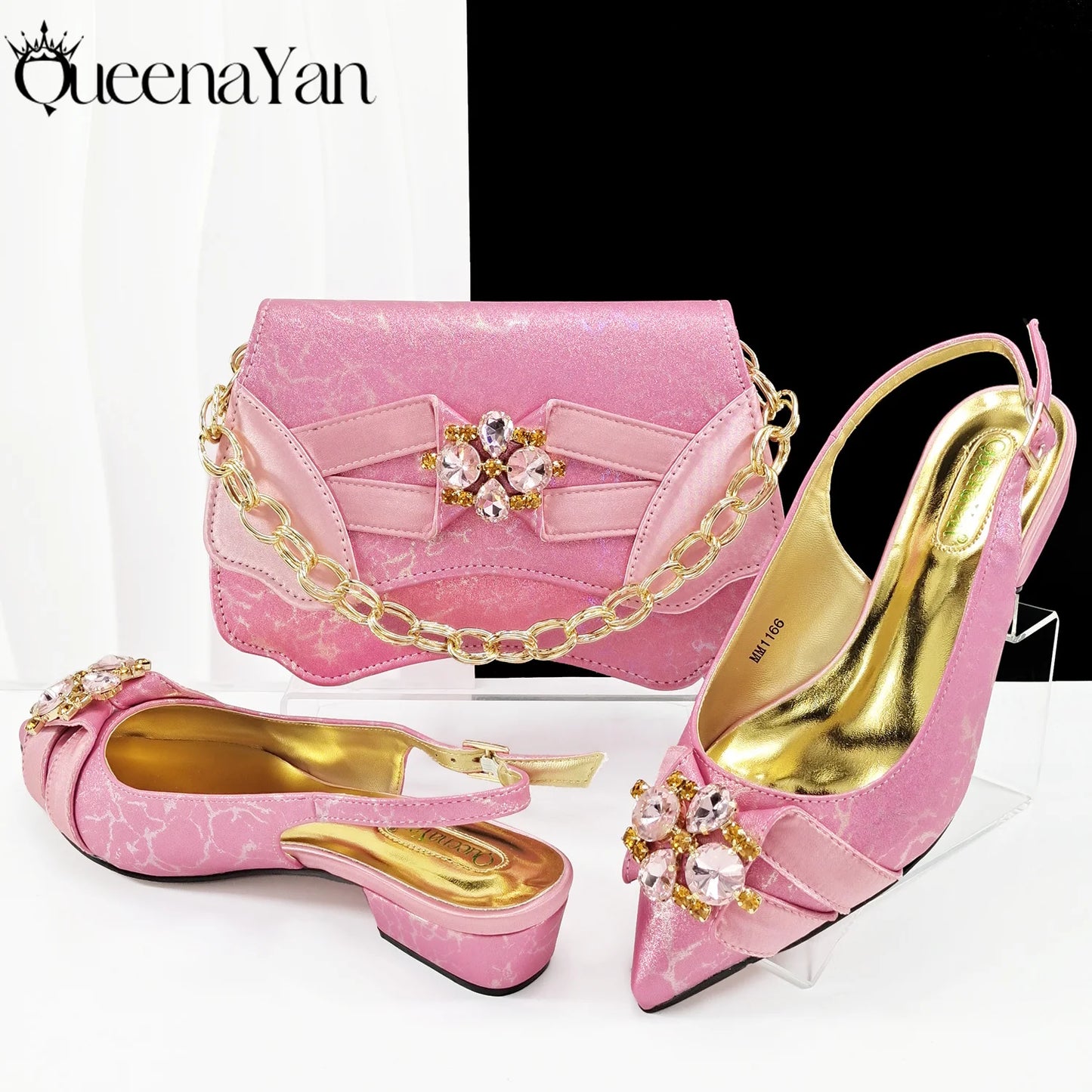 QueenaYan 2026 New Summer Collection Stylish Italian Women’s Shoes and Bag Set Gold Colour Comfortable Low Heels With Rhinestone